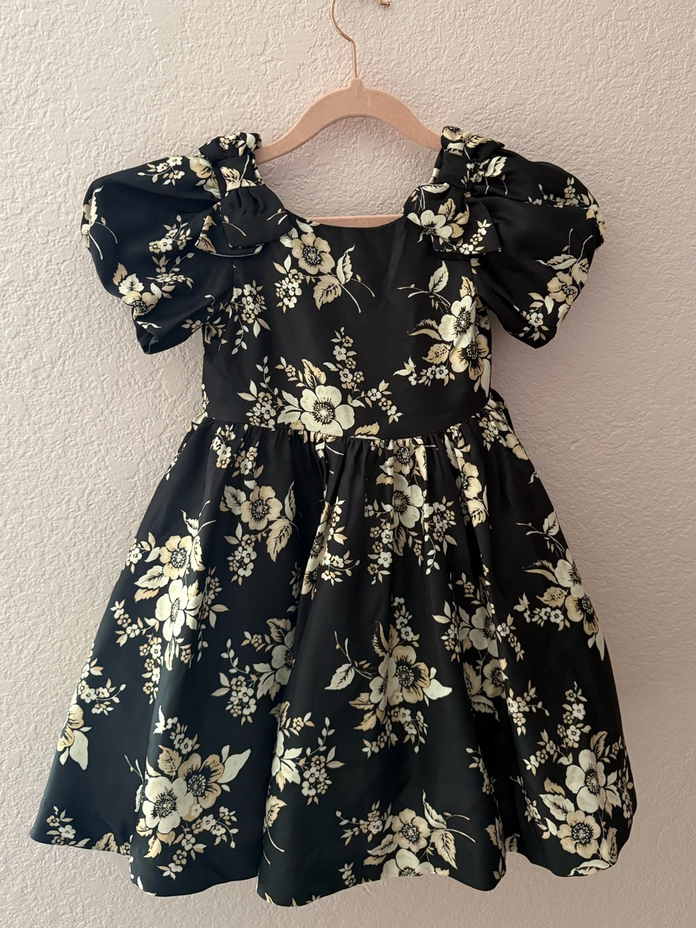 Janie and Jack Black Dress with Cream Floral Print and Puff Sleeves